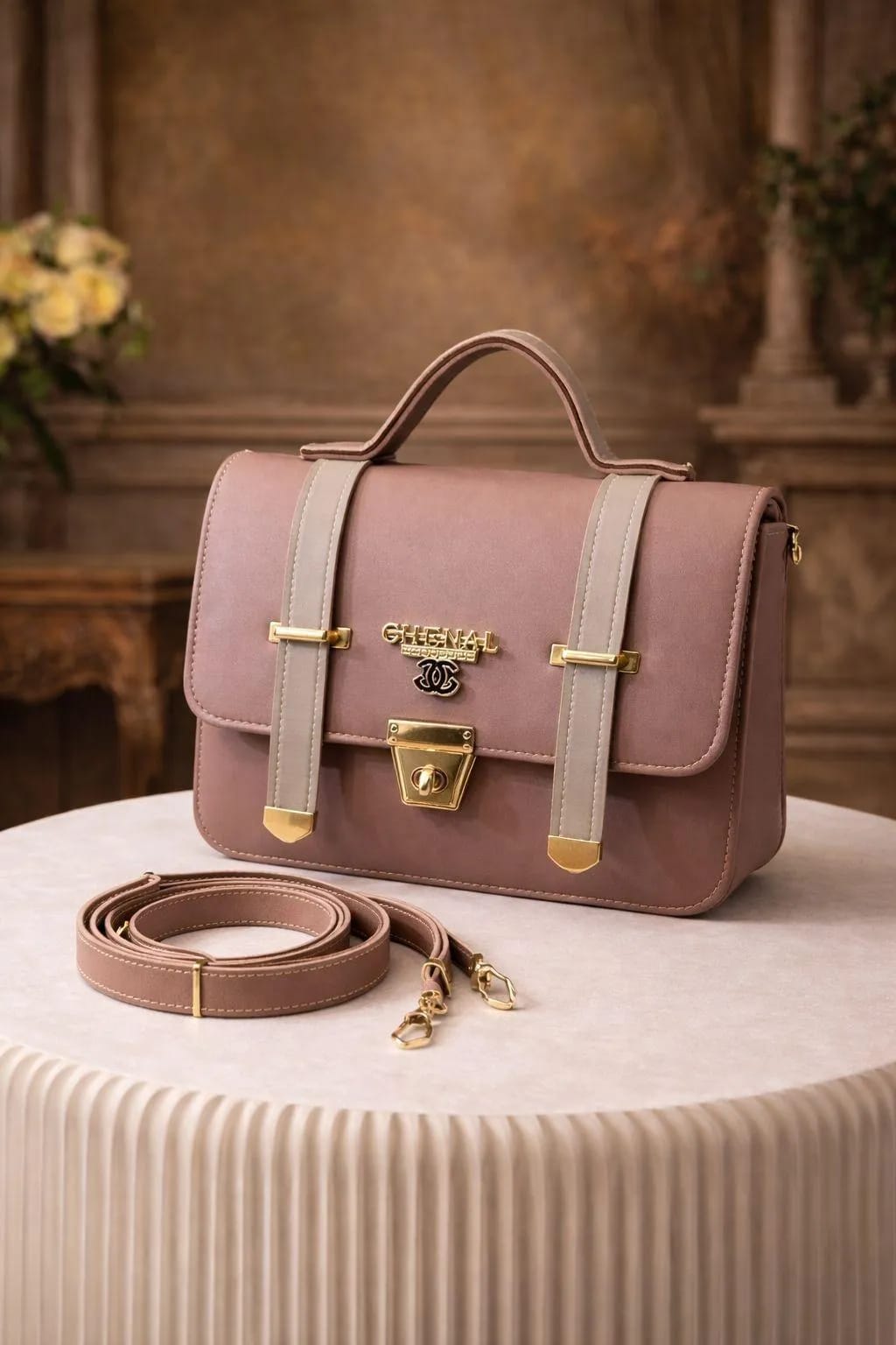 women pink leather shoulder bag with gold clasp